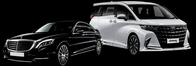 A black Mercedes-Benz S-Class and a white Toyota Alphard